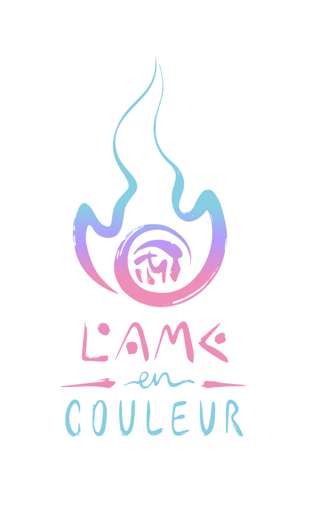 Logo artistique L'ÂME en COULEUR avec une flamme aux nuances pastel bleu et rose, style coup de pinceau.